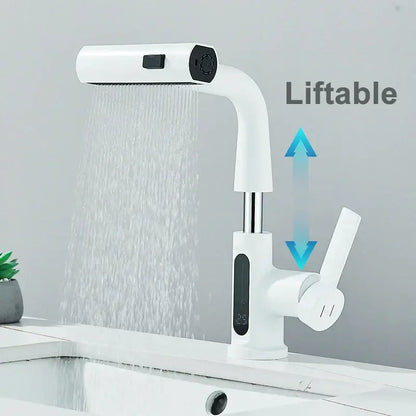 Modern white basin faucet with liftable pull out shower head and decorbites digital display for bathroom use