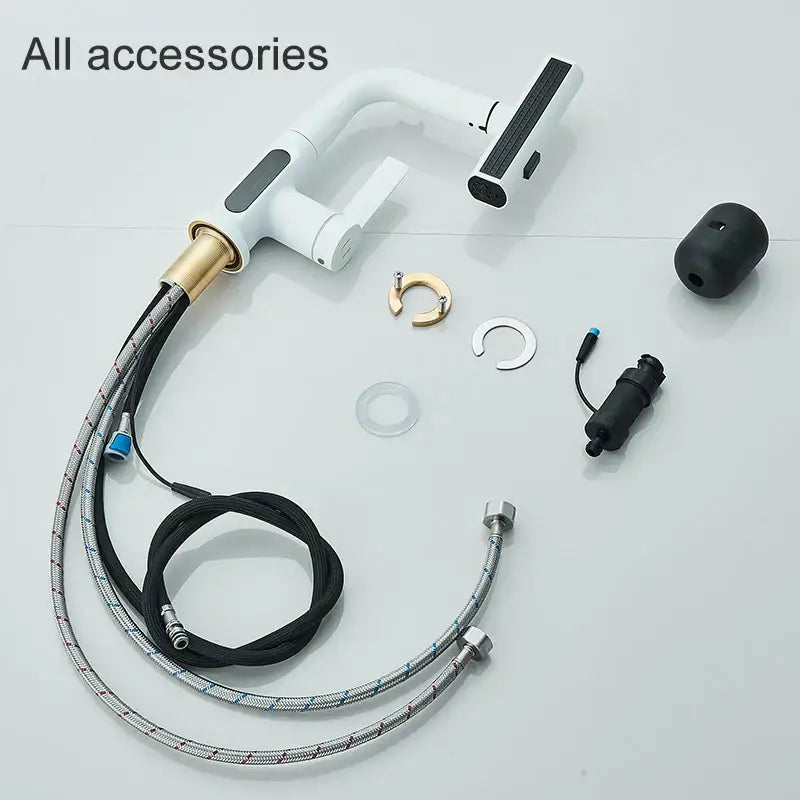 Modern white digital display basin faucet with brass flexible braided hoses and detachable pull out shower head decorbites digital display