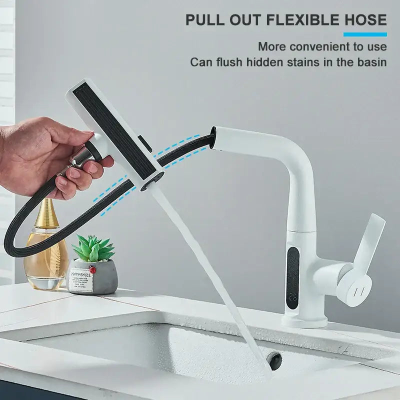 Modern white basin faucet with pull-out flexible hose and black accents featuring decorbites digital display