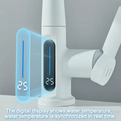 Modern white basin faucet with digital display showing 25 degrees featuring decorbites digital display and pull out shower head