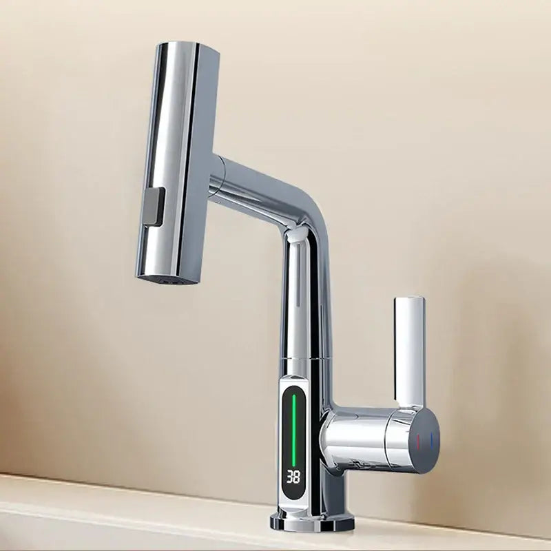 Modern white chrome display basin faucet with decorbites digital display showing temperature and water flow control