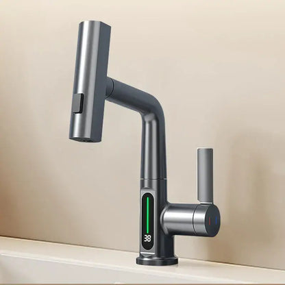 Modern white digital display basin faucet with matte black and brushed stainless steel finish decorbites digital display
