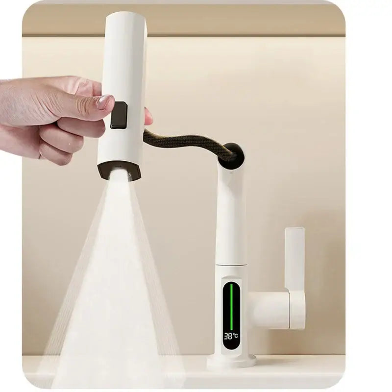 Modern white digital display basin faucet with decorbites digital display showing 38°c and adjustable spray nozzle