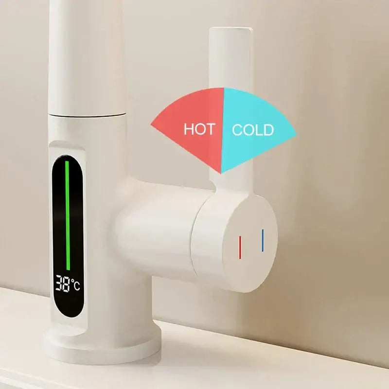 Modern white digital display basin faucet with decorbites digital display showing 38°c and dual hot cold control knob