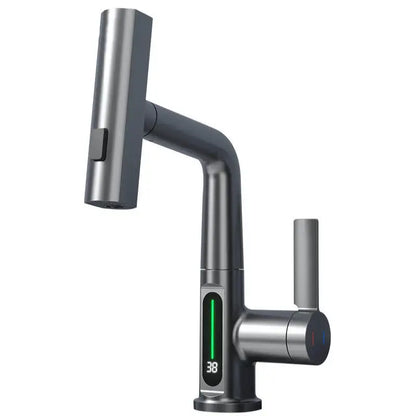 Modern white digital display brass basin faucet with matte black and brushed stainless steel finish decorbites digital display