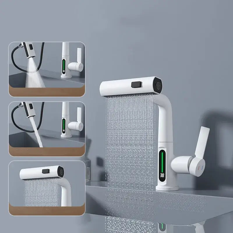 Modern white digital display brass basin faucet with decorbites digital display and adjustable spray nozzle for bathroom use