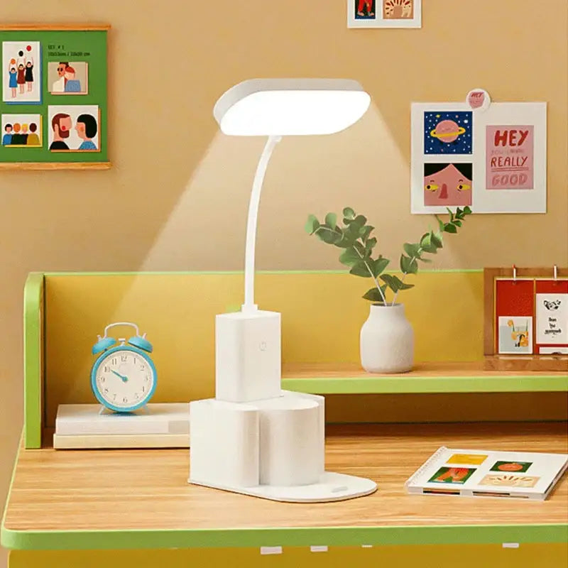 Modern white dimmable led desk lamp with pen holder and flexible neck for targeted lighting by decorbites dimmable led