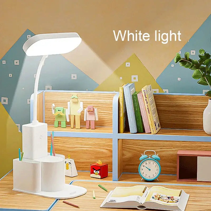 Modern white dimmable led desk lamp with adjustable arm and pen holder for bedroom by decorbites dimmable led