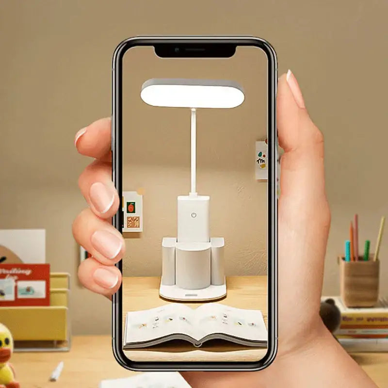 Modern white dimmable led desk lamp with adjustable stand and pen holder by decorbites for bedroom use