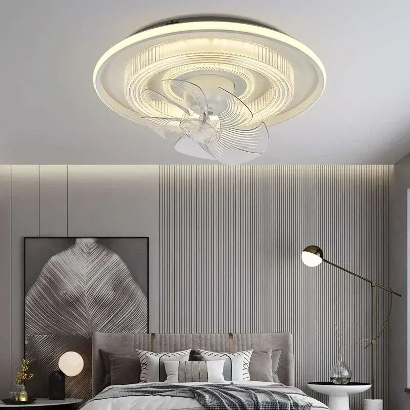 Modern white dimmable led fan ceiling lamp with sleek plastic housing and glass blades ideal for bedroom decorbites ceiling lamp