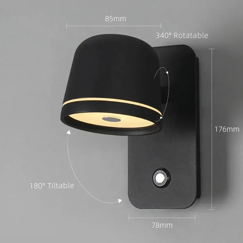 Black matte wall sconce with sleek cylindrical head and adjustable 340° rotation decorbites dimmable led wall spotlight