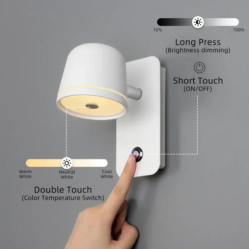 Modern white dimmable led wall sconce with touch controls for brightness dimming and color temperature adjustment