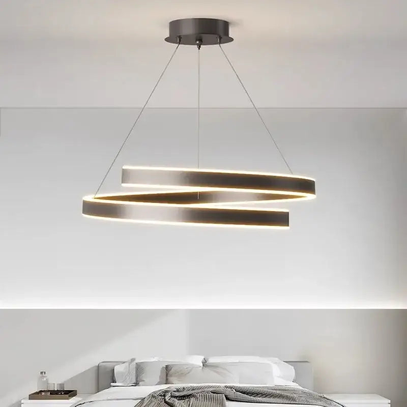 Modern white dimmable metal acrylic pendant ring light with two interlocking rings emitting warm glow for dining room decorbites dimmable metal