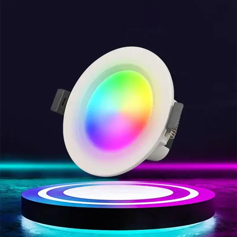 Modern white dimmable rgb led downlight with a vibrant rainbow-colored illuminated center for living room decorbites dimmable rgb