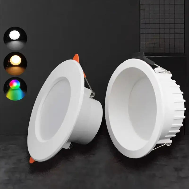 Modern white dimmable rgb led downlight with orange mounting tabs and textured heat-dissipating rim for decorbites dimmable rgb use