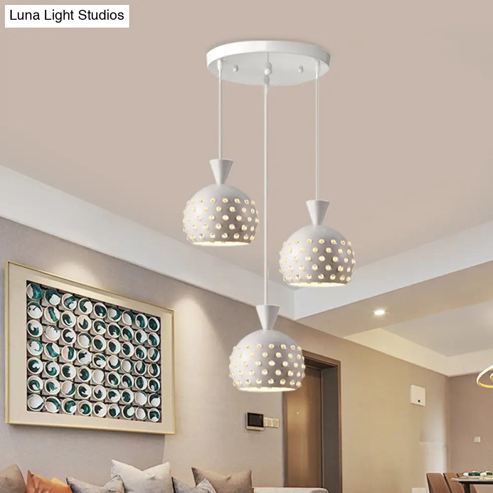 Modern White Domed Restaurant Ceiling Lamp with Crystal Bead Design - 3 Light Pendant