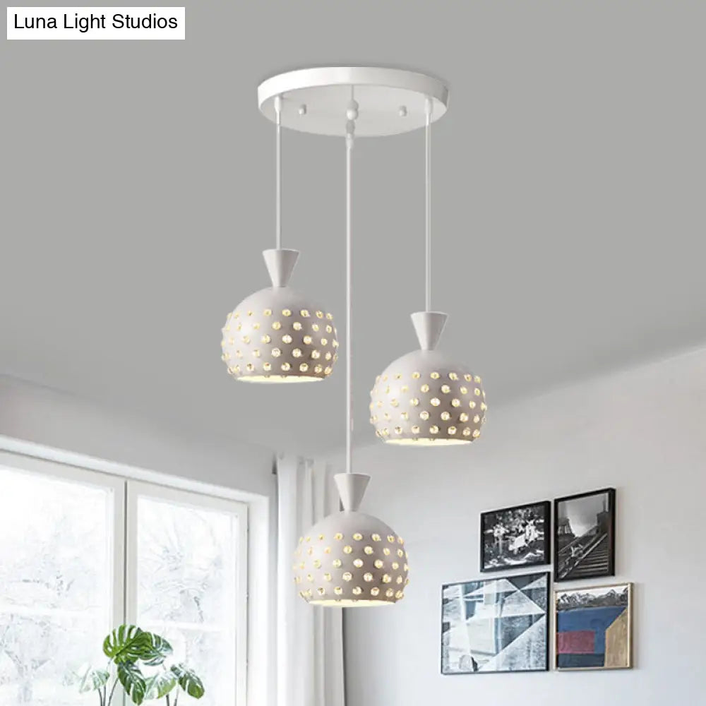 Modern White Domed Restaurant Ceiling Lamp with Crystal Bead Design - 3 Light Pendant