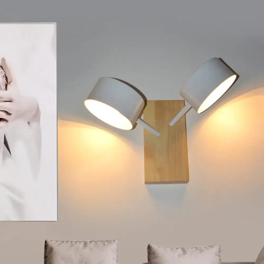 Modern white dual drum wall light with wooden base and adjustable arms 220v-240v 110v-120v modern wall light for bedroom