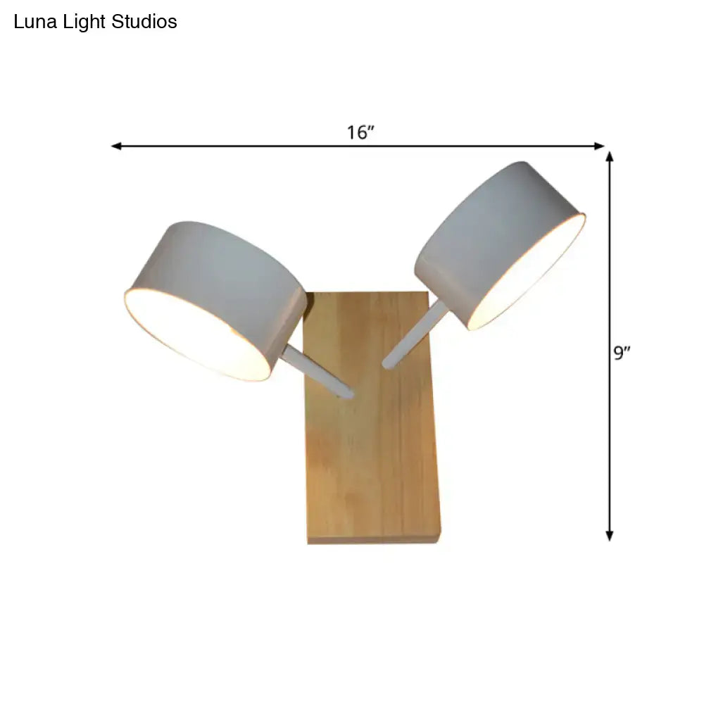 Modern wall light dual-head sconce with matte white cylindrical shades and natural wood base for bedroom 220v-240v 110v-120v