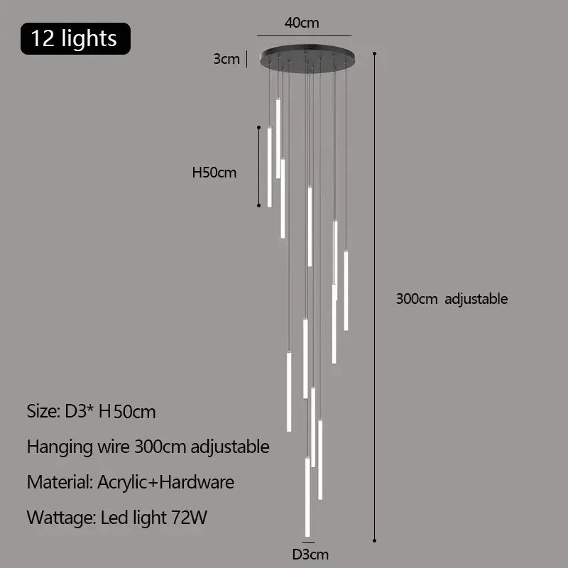 Modern white duplex loft led chandelier with 12 white acrylic rods and black metal base for decorbites duplex loft lighting
