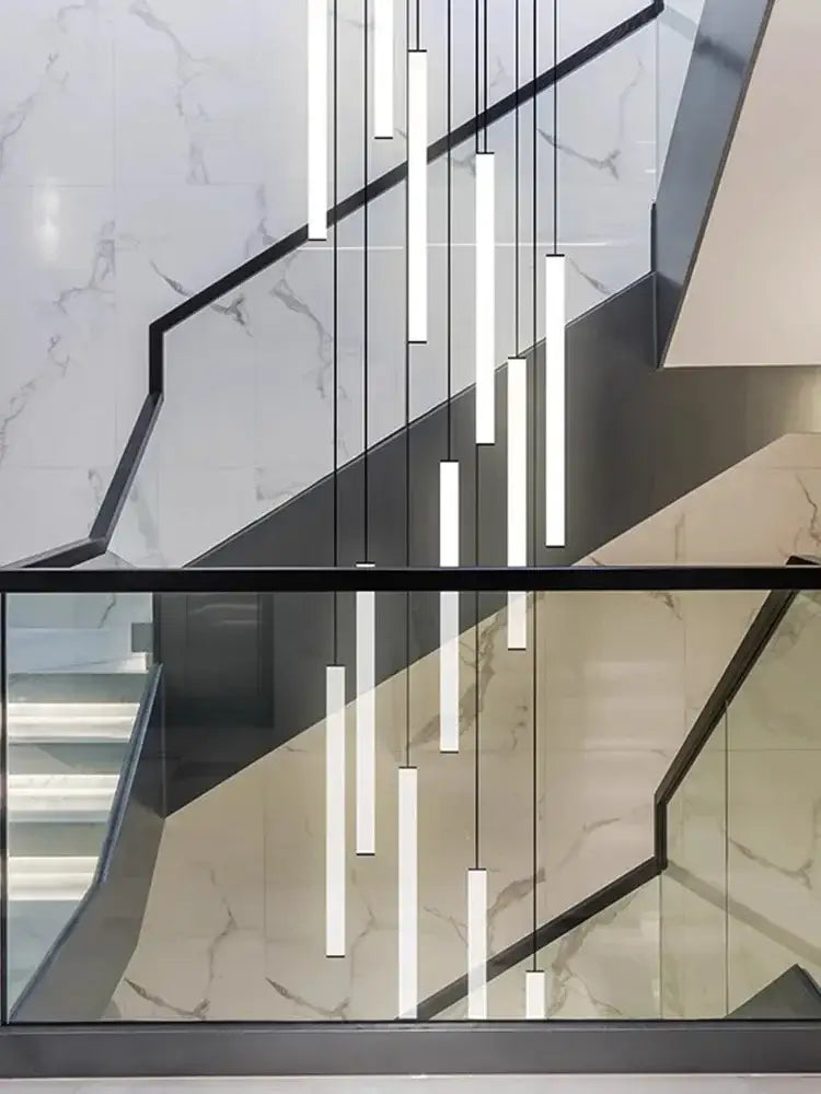Modern white duplex loft led chandelier features minimalist rectangular pendant lights with sleek illuminated bars suspended by cords
