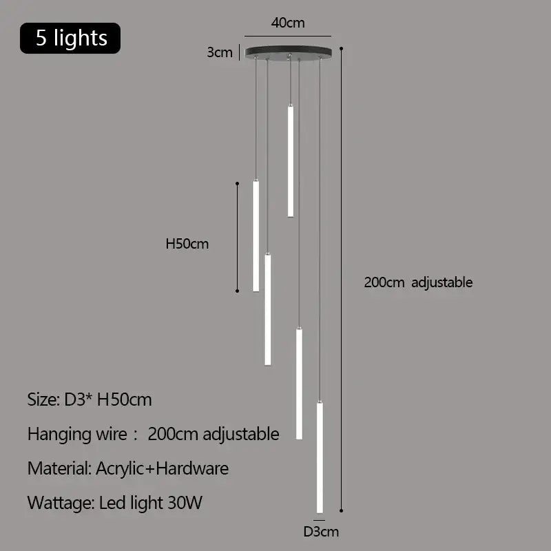 Modern white duplex loft led chandelier pendant light with five slender acrylic rods and adjustable 200cm hanging wire