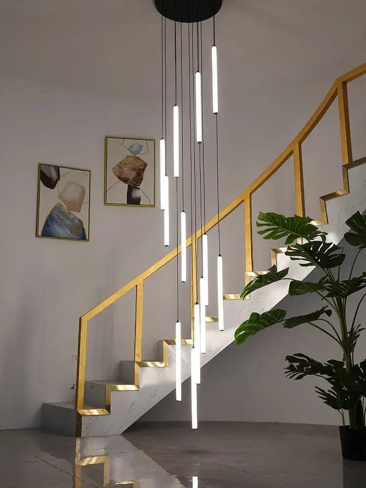 Modern white duplex loft led chandelier with slender vertical cylindrical tubes from black ceiling fixture for decorbites duplex loft