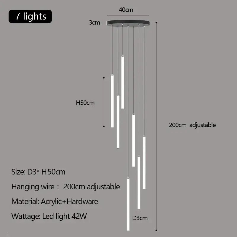 Modern white duplex loft led chandelier with seven slender white acrylic rods suspended from black metal base