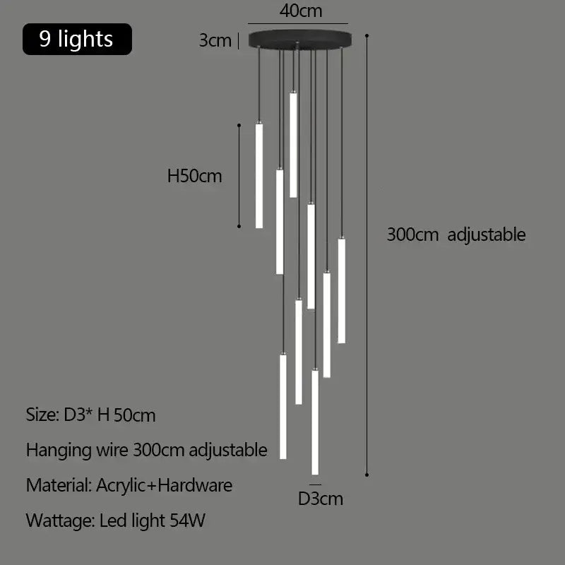 Modern white acrylic duplex loft led chandelier with nine adjustable black and white led bulbs for stairway decorbites duplex loft