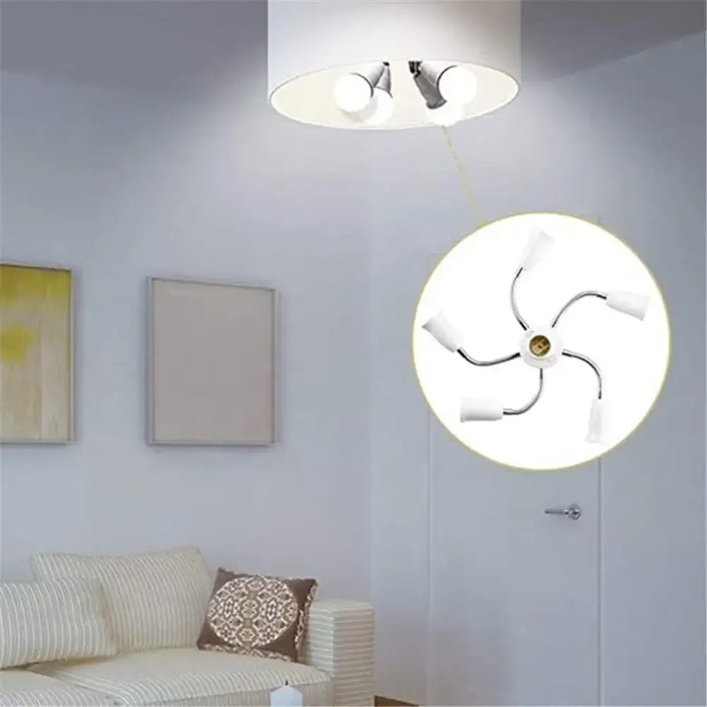Modern white e27 socket splitter ceiling light with four adjustable chrome arms and white lampshades for living room