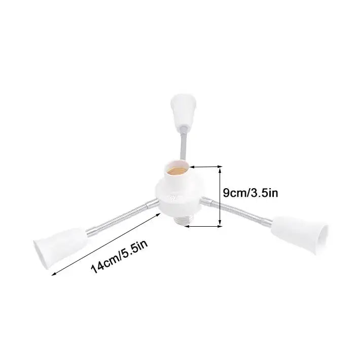 Modern white e27 socket splitter with flexible metallic arms and frosted plastic light fixtures for living room use