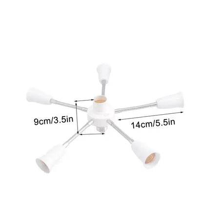 Modern white e27 socket splitter with six extendable flexible arms and matching lamp sockets for living room use