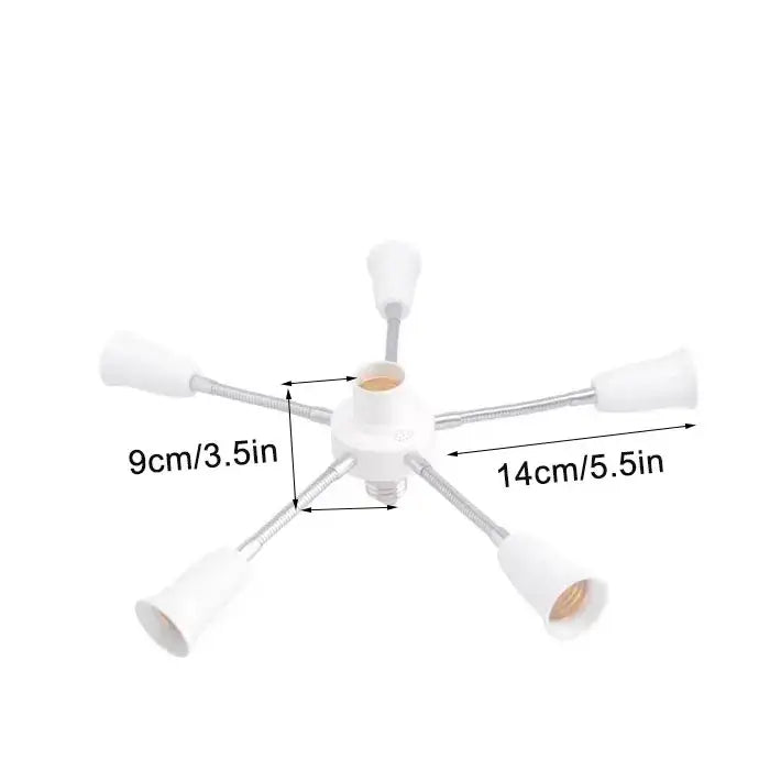 Modern white e27 socket splitter with six extendable flexible arms and matching lamp sockets for living room use