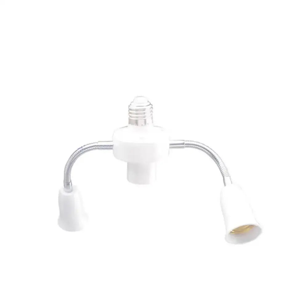 Modern white e27 socket splitter with dual flexible metal gooseneck arms and white plastic sockets for living room use