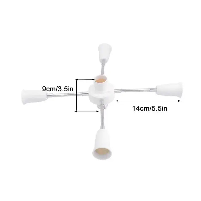 White four-armed e27 socket splitter with flexible metal arms and plastic lamp holders for living room lighting