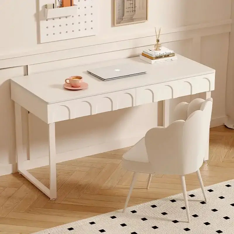 Modern white elegant writing desk with curved drawers and sleek metal legs ideal for stylish bedroom use