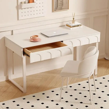 Modern white elegant writing desk with curved drawer and light wood interior paired with matching white chair in decorbites elegant writing desk style