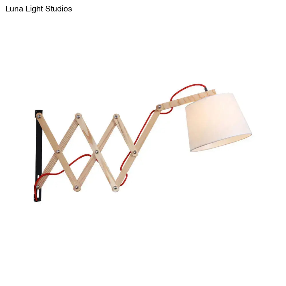 Modern white fabric wall lamp with a light wood extendable arm and red cord for living room led incandescent fluorescent use