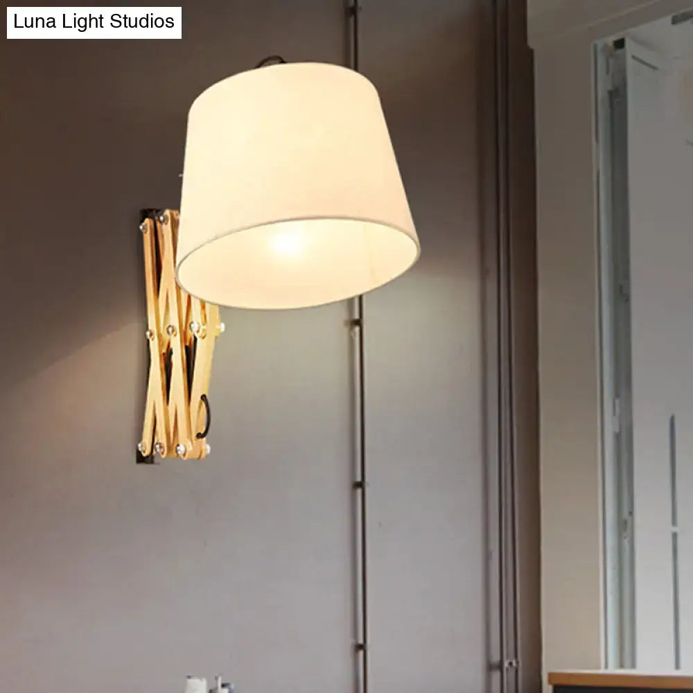 Modern white fabric wall lamp with warm cream shade and gold accordion arm ideal for living room led incandescent fluorescent lighting