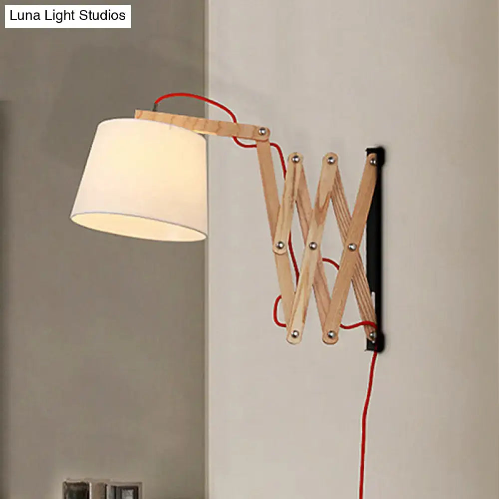 Modern wall lamp with light wood extendable arm white fabric shade and red cord for living room LED incandescent fluorescent use