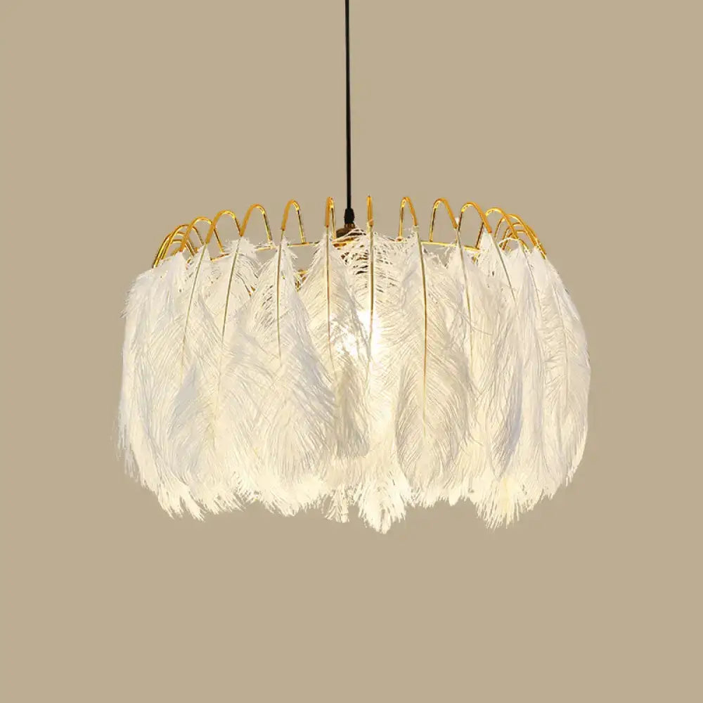 Modern white feather chandelier with a gold wire frame for living room pendant lighting