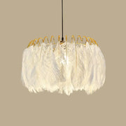 Modern white feather chandelier with a gold wire frame for living room pendant lighting