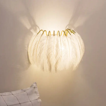 Modern metal wall white feather metal wall sconce with gold-toned frame for bedroom lighting