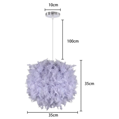 Modern white feather pendant light with fluffy lavender feather shade and sleek chrome ceiling mount for bedroom use
