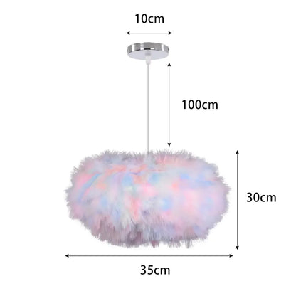 Modern white feather pendant light with pastel-colored fluffy feathers and chrome ceiling mount for bedroom use