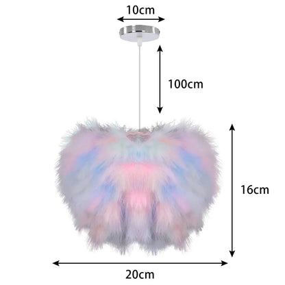 Modern white feather pendant light with pastel rainbow fluffy heart-shaped feather pendant and chrome ceiling mount