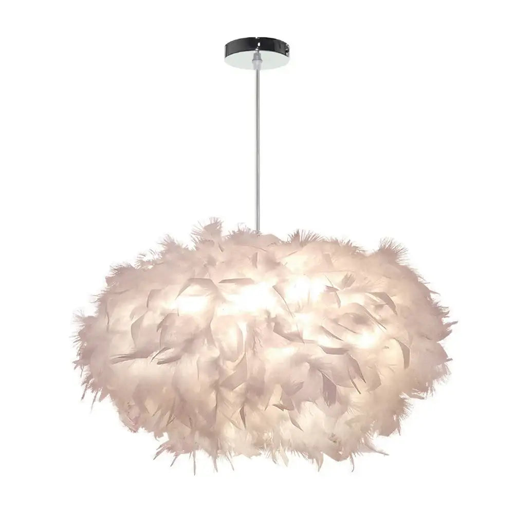 Modern white feather pendant light with soft fluffy feathers and chrome finish ceiling mount for bedroom use