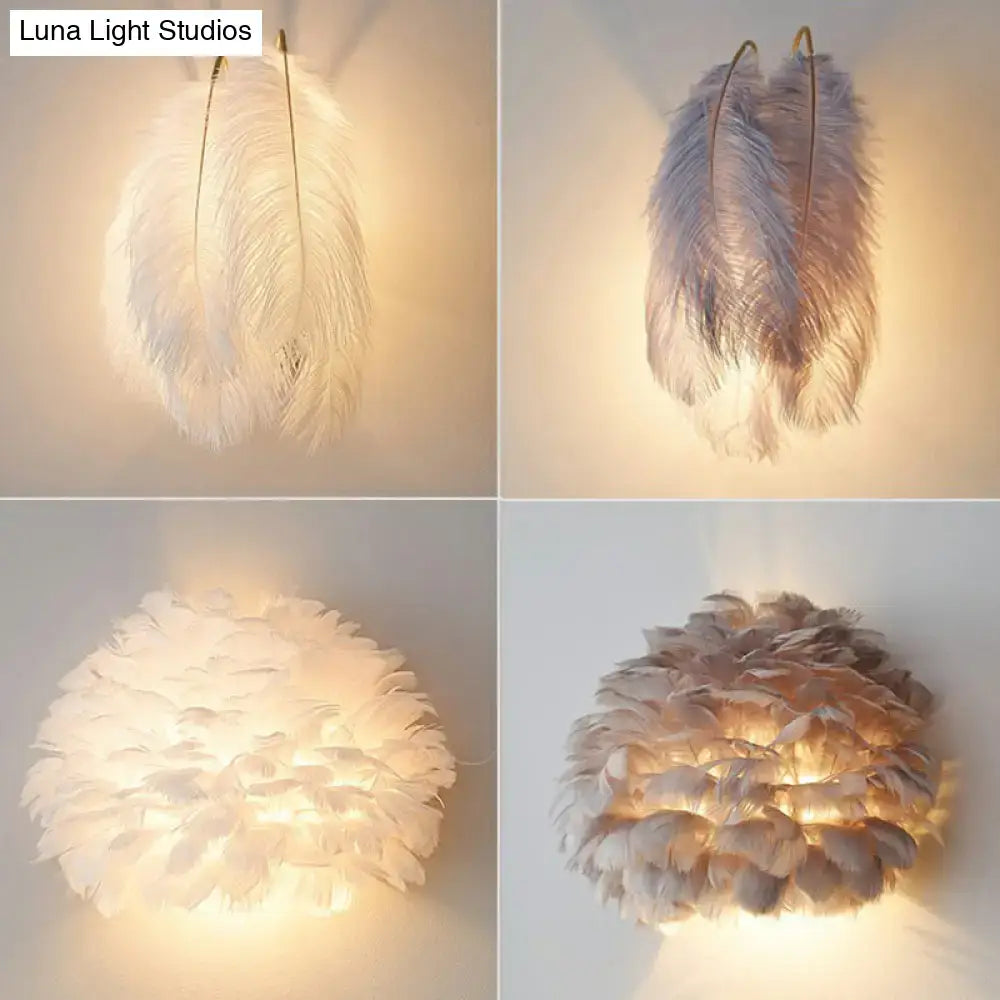Modern white feather wall sconce with soft fluffy texture and warm ambient lighting for bedroom single bulb light