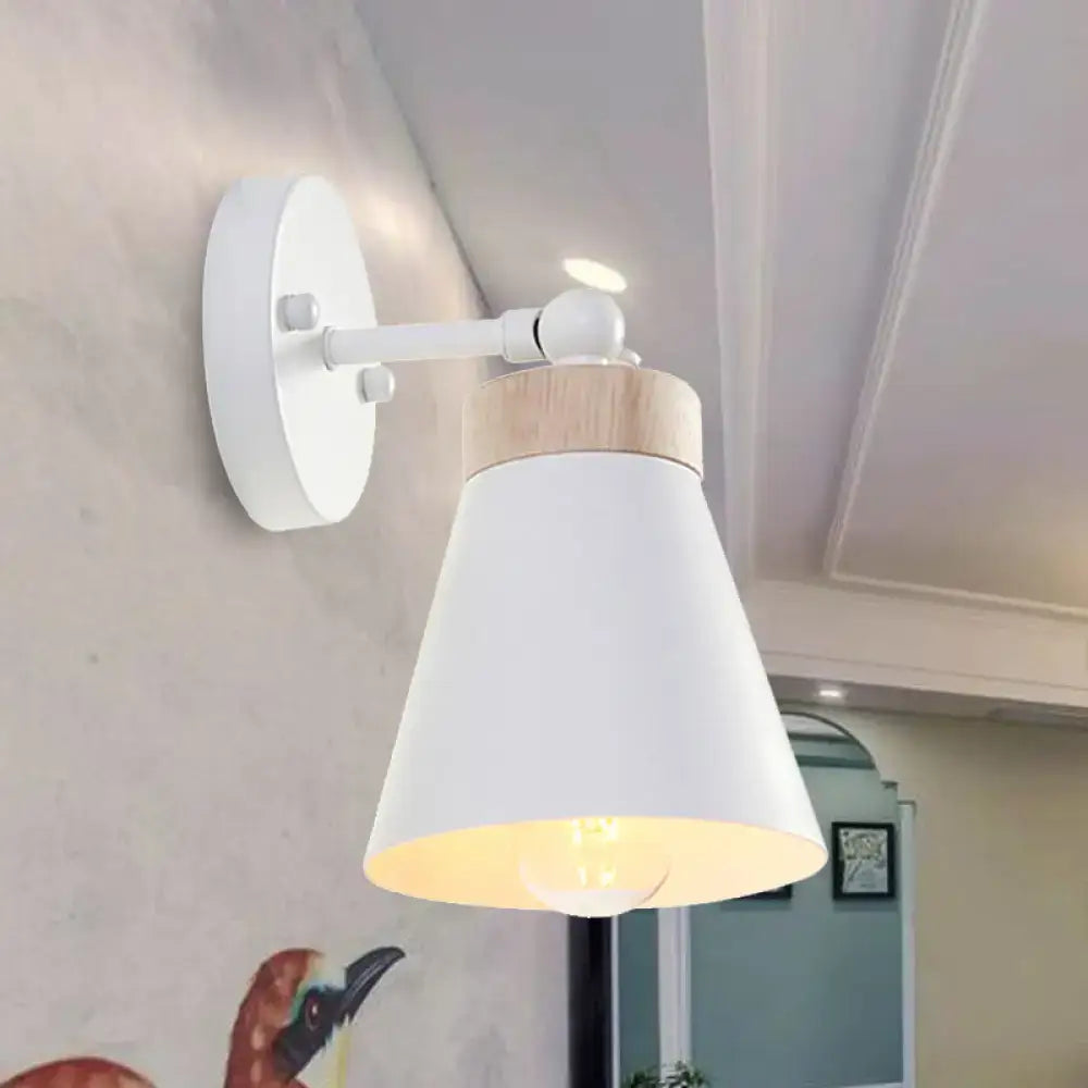 Modern white finish bedside sconce with conical shade, wooden accent, adjustable arm, compatible with e26 e27 bulbs