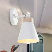 Modern white finish bedside sconce with conical shade, wooden accent, adjustable arm, compatible with e26 e27 bulbs